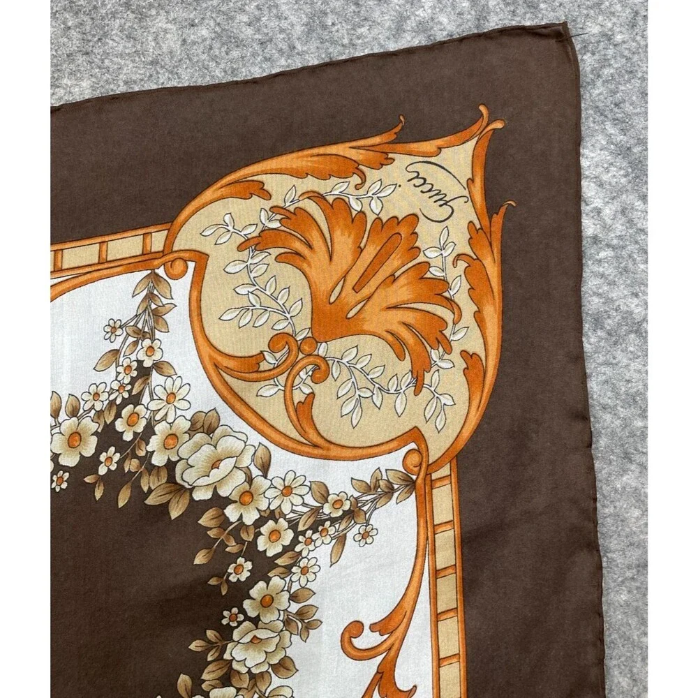 Vintage Gucci Silk Scarf Brown Orange White Floral Logo Hand Rolled Italy 33x33